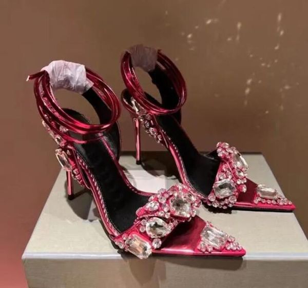 Элегантные брендовые металлические сандалии, туфли на шпильке с камнями, украшенные кристаллами и завязками на щиколотке, женские вечерние туфли-лодочки с острым носком EU35-42