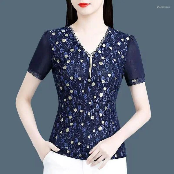 Mulheres camisetas Coreano Moda Mulheres Roupas T-shirt Escritório Senhora Verão Malha Manga Curta Tees Polka Dot Vintage Básico Casual V-Pescoço Slim