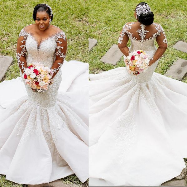 Роскошное свадебное платье русалки для невесты больших размеров с прозрачным вырезом и длинными рукавами, кружевное многоуровневое атласное свадебное платье с иллюзией для африканского брака, чернокожих женщин, нигерийских девушек CDW197
