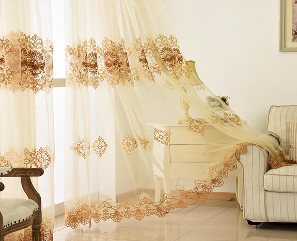 Cortinas de tule bege bordadas europeias de luxo para sala de estar, varanda, voile branco, tecido transparente para quarto wp16030 y26587447