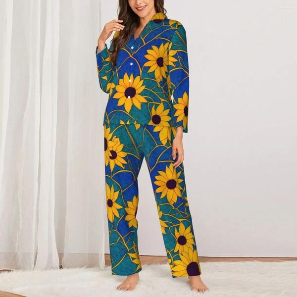 Pigiama da donna Girasole Fantasia Pigiama Donna Fiori Stampa Kawaii Room Autunno Due pezzi Set pigiama stampato oversize retrò