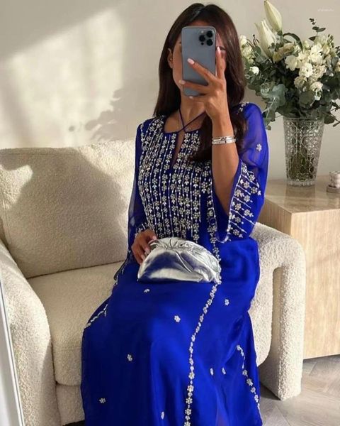 Abiti da festa Blu royal Chiffon Prom Mezze maniche Perline Lunghezza caviglia Donne formali Occasioni speciali