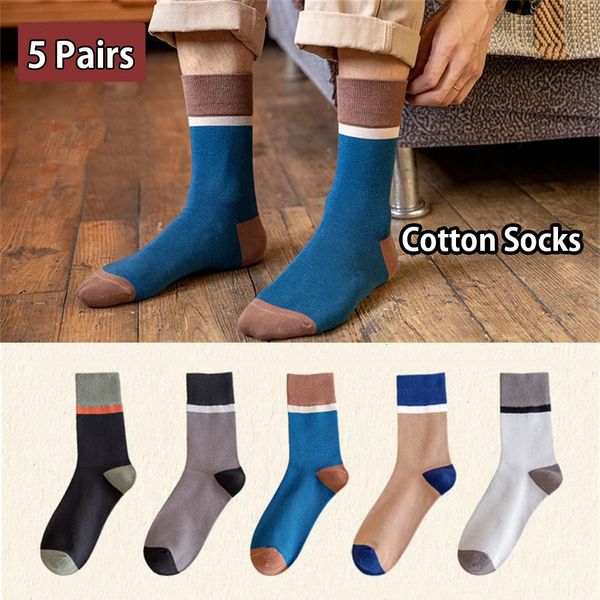 5 PairsSet Männer Baumwolle Socken Herbst Winter Retro Farbe Mittlere Länge Sport Gemütliche Desodorierung Schweiß Absorbieren Casual 240112