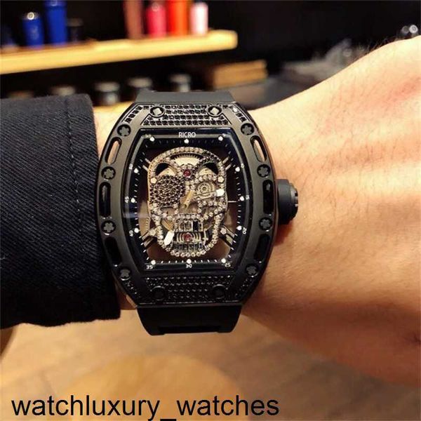 Richardmill Relógios Designer de Moda Masculino Relógio Mecânico Automático Fivela Dobrável Pulseira de Borracha Importada Caveira Fantasma Cabeça Relógio Tamanho Mostrador Série Diamante