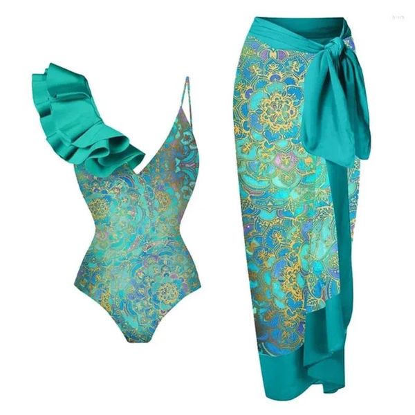 Damenbadebekleidung Strandkleidung 2024 Frauen Einteiler Damen Badeanzug Rüschen Ethnischer Druck Rock Set Polyester Bikini weiblich für