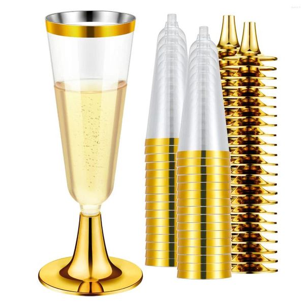 Bicchieri usa e getta Cannucce Confezione da 25 calici da champagne in plastica Bicchieri da tostatura in oro da 5 Oz Cocktail Matrimonio Fidanzamento Compleanno Festa di laurea