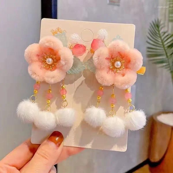 Acessórios de cabelo Pêssego Veludo Flor Clipe Infantil Outono e Inverno Bola de Pele Borla Bonito Hanfu