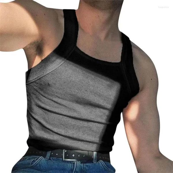 Regatas masculinas verão casual cor sólida pit-listra pescoço quadrado suspensórios camis t masculino colete de fitness sem mangas camiseta