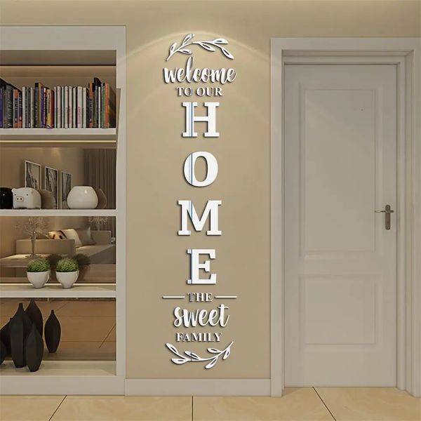 Adesivos de parede espelhados 3D, letras em inglês, casa, família, decalques acrílicos, faça você mesmo, removíveis para decoração 240112