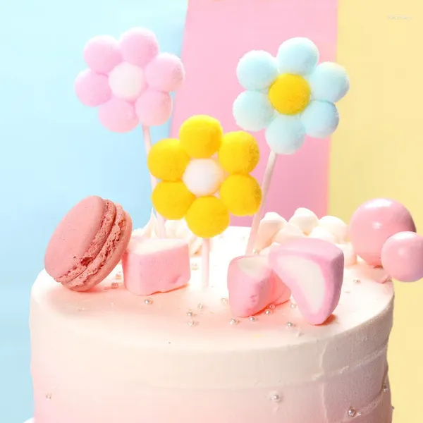 Articoli per feste 5 pezzi rosa blu a forma di fiore pompon toppers per torta decorazione di compleanno fai da te Baby Shower Girl Kids