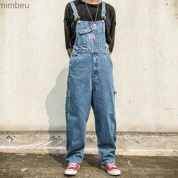 Herrenjeans, koreanische Jeans, Herren-Overalls, Latzhose, Denim-Overalls, riesige gerade Arbeitskleidung, mehrere Taschen, weites Bein, Cargohose, blaue Hose, L240111