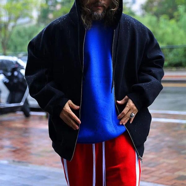 Hoodies masculinos casaco com capuz duplo zíper outwear com bolsos de cordão cor sólida solto ajuste quente