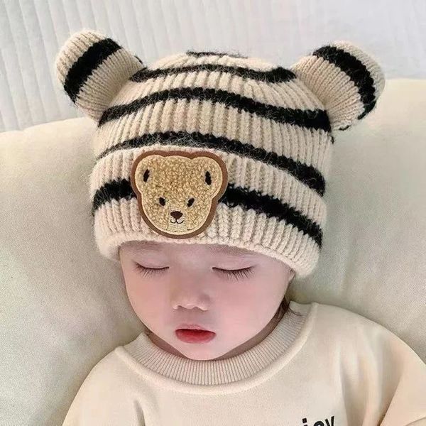 Cartoon Stripe Bear Baby Beanie Cap Orecchie carine Cappello lavorato a maglia infantile Coreano Inverno caldo Bambini Cappelli all'uncinetto Bambino Ragazze Ragazzi Cofano 240111