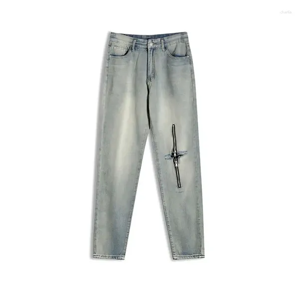 Calças masculinas americanas retrô angustiadas com zíper lavado jeans hip-hop rua slim calças retas homens roupas masculinas