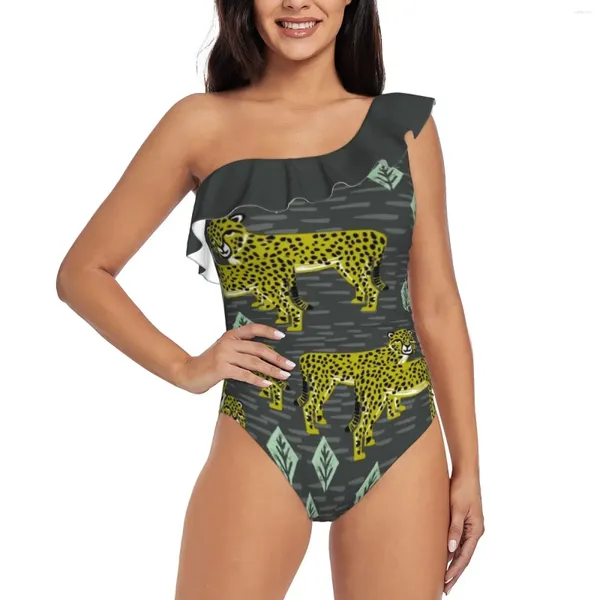 Costume da bagno da donna Ghepardo Safari Asilo nido Bambini Animale Natura Modello Stampa Monospalla Volant Costume da bagno Pezzo da bagno per donna