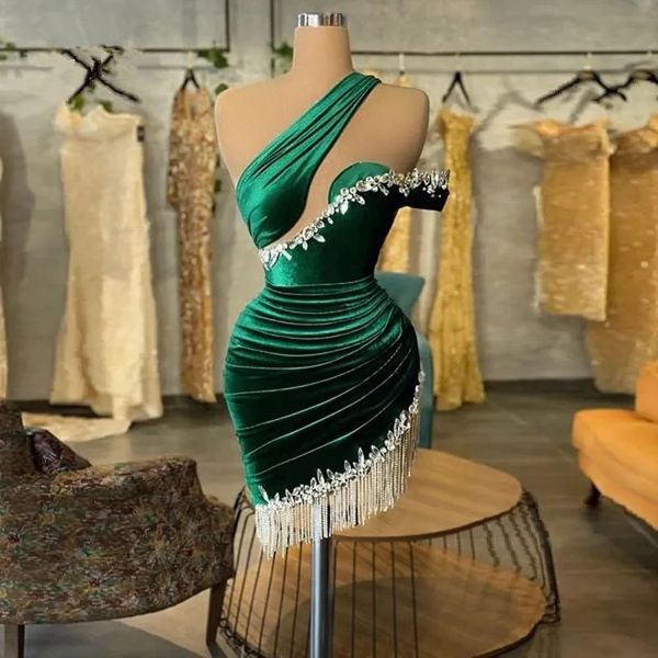 Velluto verde sexy abiti corti da ballo nappa cristallo senza maniche donne abiti da festa da sera elegante mini abito da cocktail robe de bal ritorno a casa YD