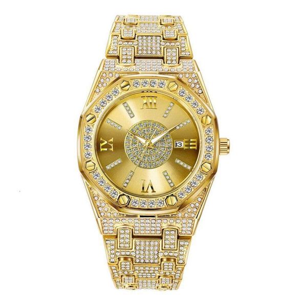 Orologio da uomo con calendario nero moda ottagonale quadrato personalizzato Hiphop personalizzato Full Diamond Super Flash Gold Trend