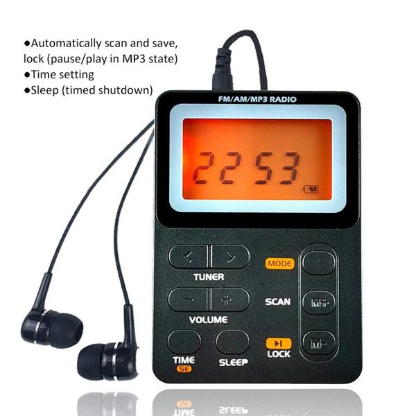 Radio Walkman digitale multifunzionale Radio Display LED da 2,1 pollici Radio tascabile AM FM a 2 bande Ricarica micro USB Jack da 3,5 mm Supporta scheda