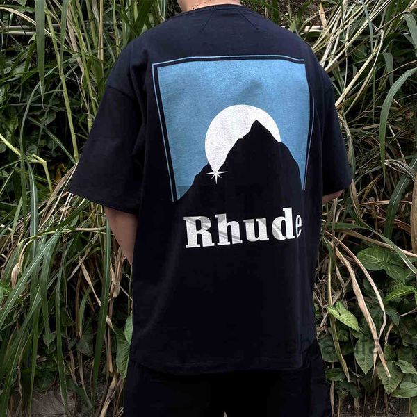 Marka Ins Rhu t Shirt Rhude 21ss Snow Mountain Sunset Tema Baskı Yuvarlak Siyah Yıkama Su Yaşlı Çift Tişört Kısa S816