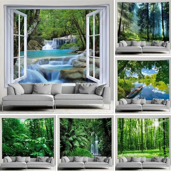 Foresta Cascata Paesaggio Arazzo Giardino esterno Poster Natura Verde tropicale Semplice stile moderno Appeso a parete Schermo da parete 240111