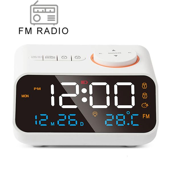 Moderna sveglia a LED con radio FM per svegliarsi sul comodino. Calendario da tavolo digitale con termometro, umidità, igrometro. 240111