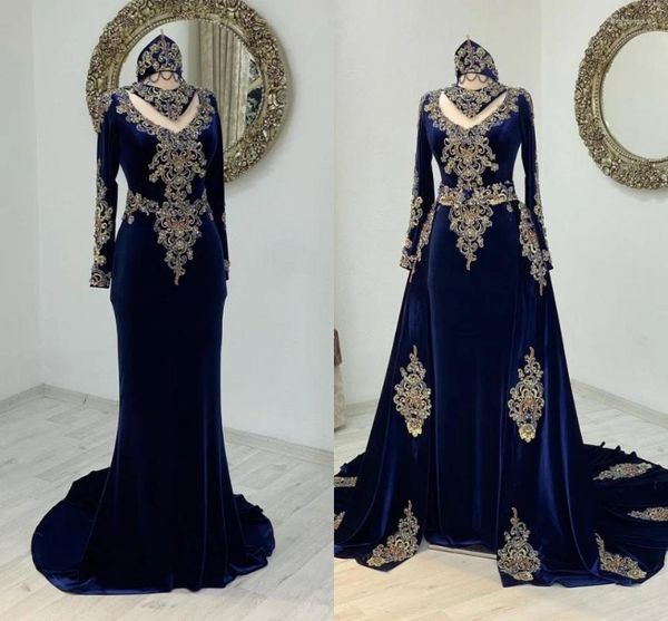 Vestidos de festa azul marinho veludo caftan noite manga longa beading applique kaftan árabe ramadan vestido de baile com trem destacável