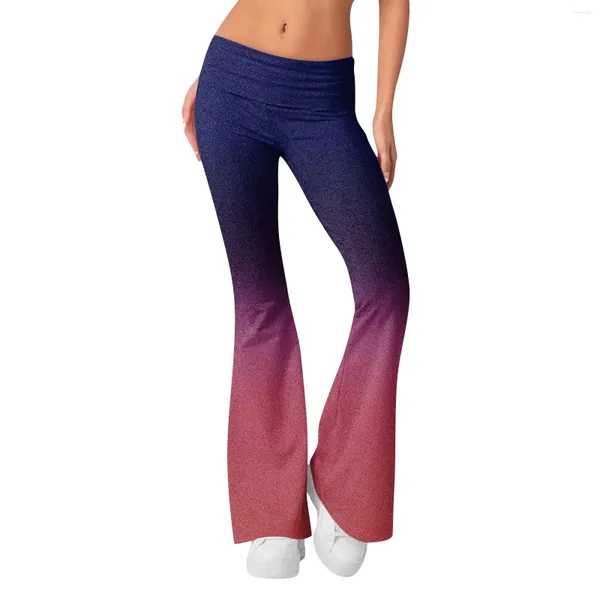 Calças femininas gradiente cor flare slim fit elástico cintura yoga reverso baixo fitness jogging 2024