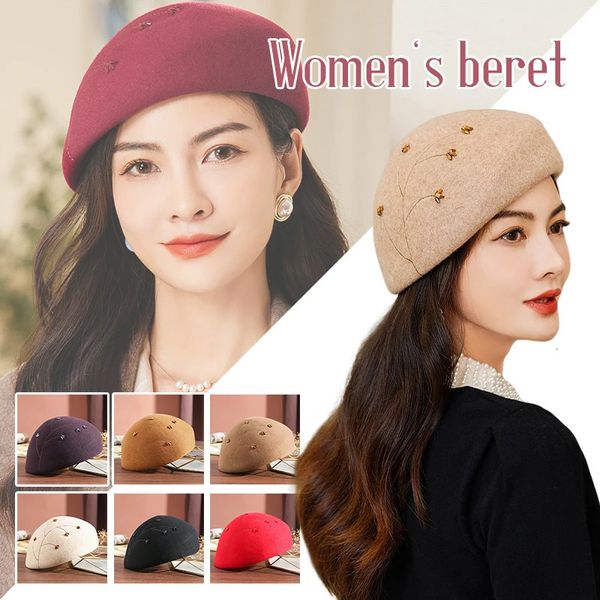 Weibliche Vintage Wolle Blume Fedoras Hüte Elegante Herbst Winter Baskenmütze Frauen Chic Künstler Französisch Hut 240111