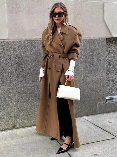 Camelo cintura casaco de lã feminino inverno elegante duplo breasted fivela manga longa jaquetas quente streetwear outcoat 240112