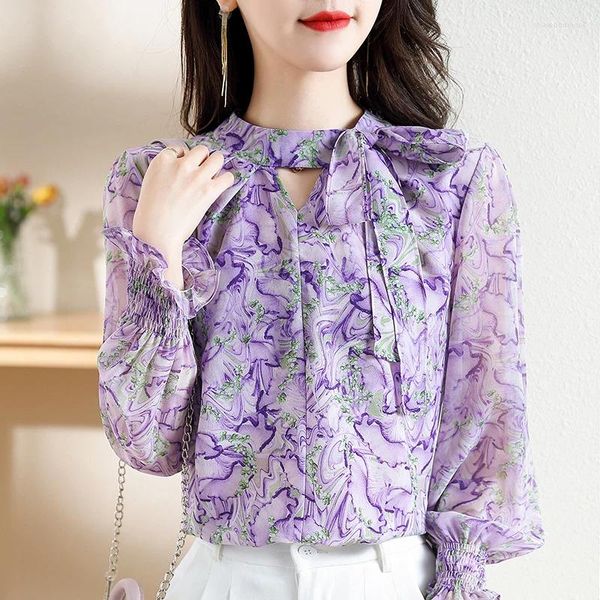 Blusas femininas estampadas chiffon camisa primavera e verão moda chique elegante roxo cuidadosamente oco arco queimado manga floral