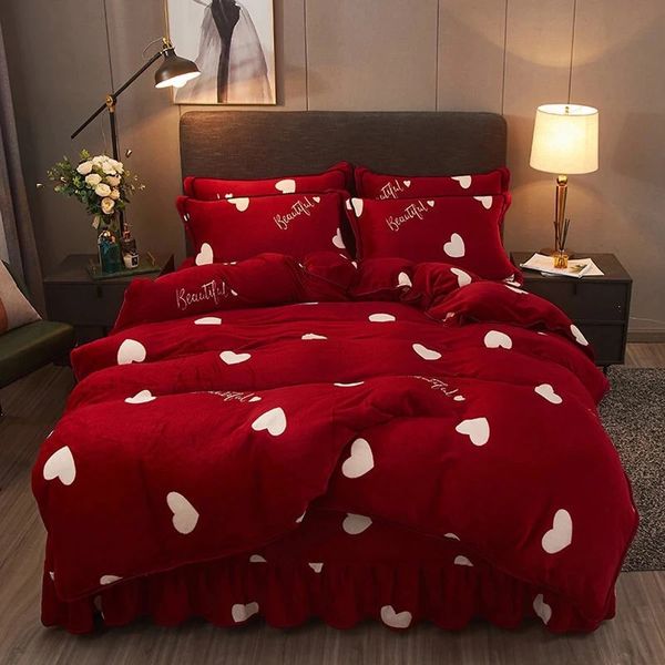 WASART Morbido e caldo copripiumino in peluche con stampa di cuori soffice copripiumino in pile di velluto coppia set di biancheria da letto matrimoniale di lusso king size 240111