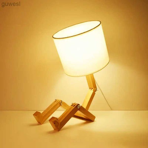 Luci notturne Lampada da tavolo in legno a forma di robot Portalampada E14 110-240V Lampada da tavolo moderna in tessuto artistico Lampada da tavolo in legno da salotto Luce notturna da studio per interni YQ240112