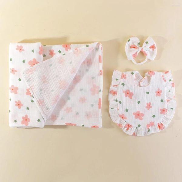 Decken 3 Teile/satz Floral Bedruckte Musselin Baumwolle Baby Decke Mit Rüschen Lätzchen Stirnband Born Swaddle Wrap
