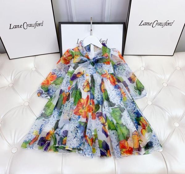 Abiti estivi per bambina a maniche lunghe Abiti per bambina in chiffon con stampa floreale Abiti per feste per bambini di moda8813184