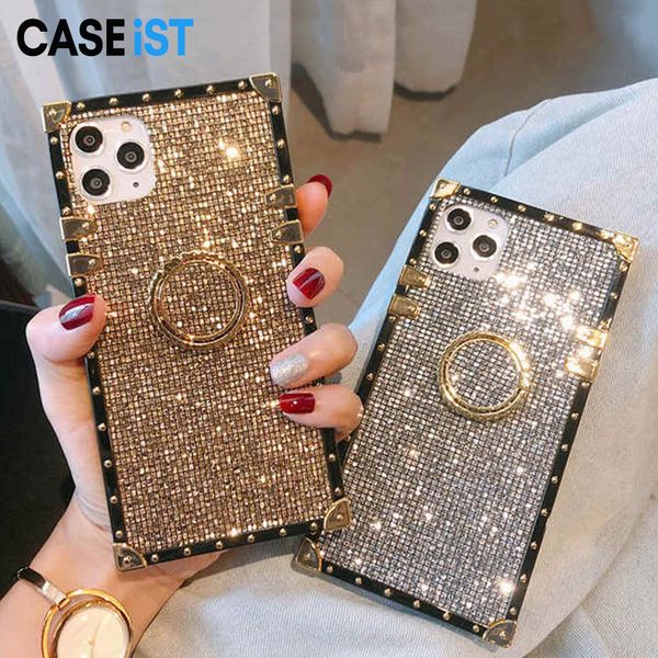 CASEiST Luxury Glitter Full Diamond Square Phone Case com suporte de suporte de anel Bling Sparkle Woman Gift Capa de TPU para iPhone 15 14 13 12 11 Pro Max XS 8 7 Plus Samsung