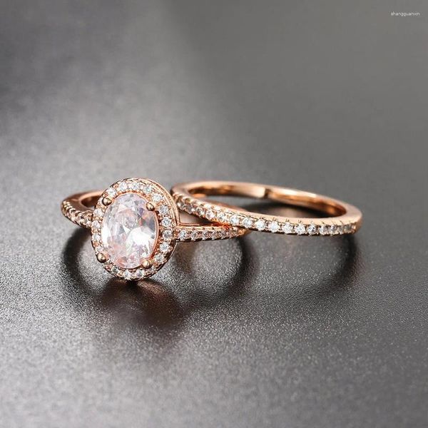 Anéis de cluster conjunto de anel de noivado de casamento para mulheres zircônia cúbica cristal rosa cor de ouro casamento noiva acessórios jóias sr077