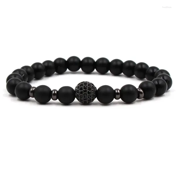 Strang 2024 Trendy Matte Schwarz Naturstein Perlen Armband Pflastern CZ Ball Armbänder Für Frauen Männer Klassische Schmuck Charme Pulseras