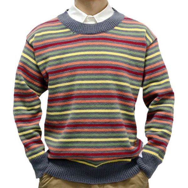 Sonbahar ve Kış Sweaters, Avrupa ve Amerikan Erkekler Gökkuşağı Çizgili Jacquard Triko, Sweater Külkü