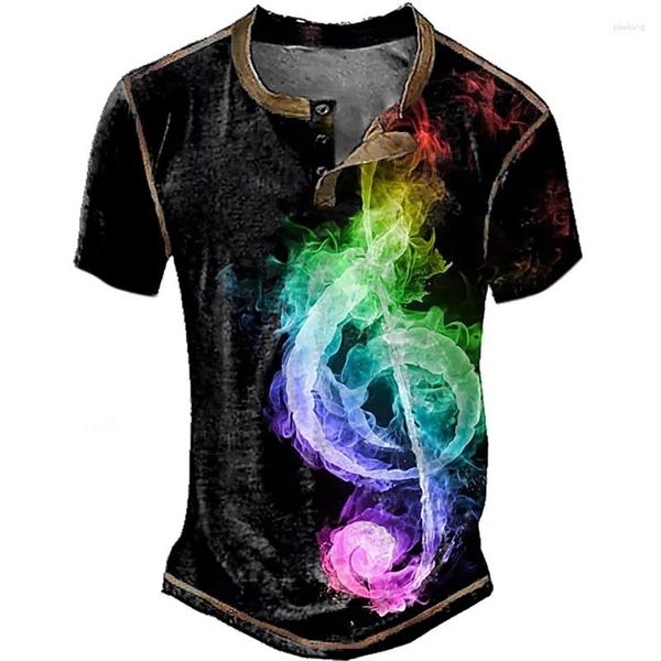 Herren-T-Shirts, Gitarrenmuster, 3D-Druck, Retro-Musik-T-Shirts, modische Straßenkleidung, kurzärmelige T-Shirt-Oberteile mit Knöpfen