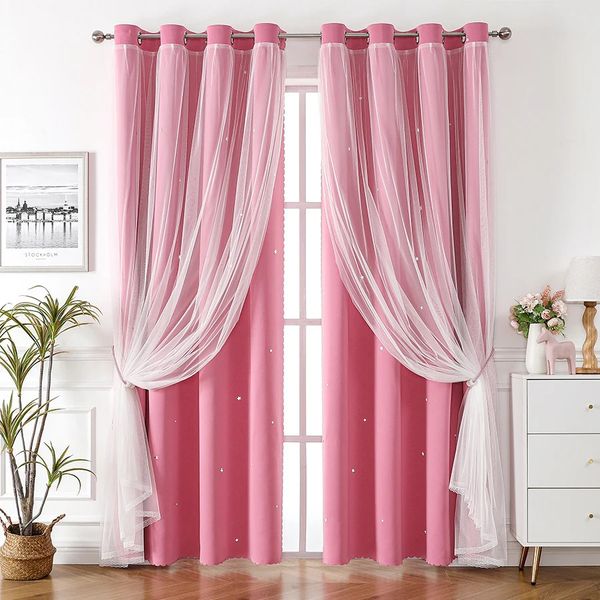 Cortina estrela para meninas quarto blackout cortina dupla camada pura sobreposição com laço bowknot para crianças decoração do quarto princesa estrela 240111