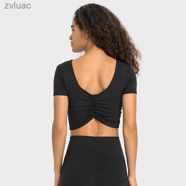 Yoga-Outfit, Yoga-Outfit, gerüscht, rückenfrei, Yoga-Shirts für Damen, integrierter BH, Fitnessstudio, Fitness, bauchfreies Top, kurzärmeliges Lauf-T-Shirt, schnell trocknende Trainingskleidung YQ240115