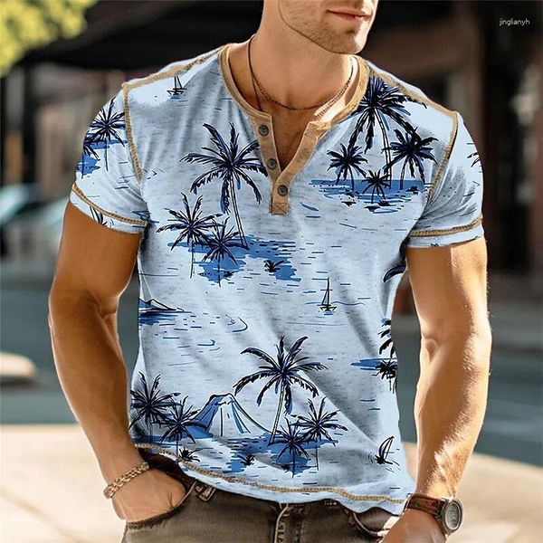 T-shirt da uomo Coconut Tree Stampa 3D Moda Hawaiian Street Retro Button T-shirt a maniche corte T-shirt Top