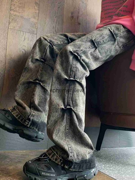 Jeans da uomo 2024 High Street Vibe American Heavy Craft piega laterale lavati vecchi jeans con pantaloni stile suolo di scarto di alta qualità streetwearephemeralew