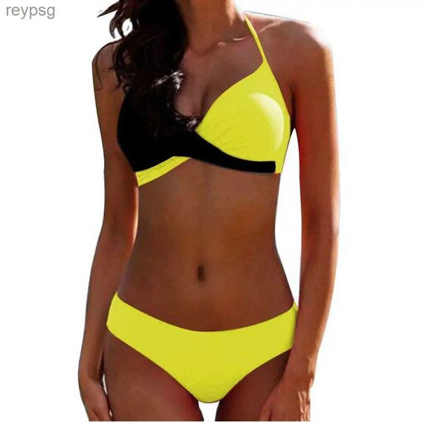 Mulheres Swimwear Push Up Bikini Halter Sexy Maiô Mulheres Plus Size S-2XL Amarelo e Preto Patchwork Praia Maiô Biquini Roupas YQ240112