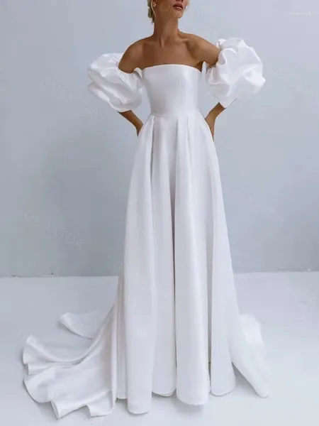 Vestidos de festa cetim longo vestido de baile com mangas inchadas destacáveis uma linha alta fenda casamento para noiva sem alças noite formal on69