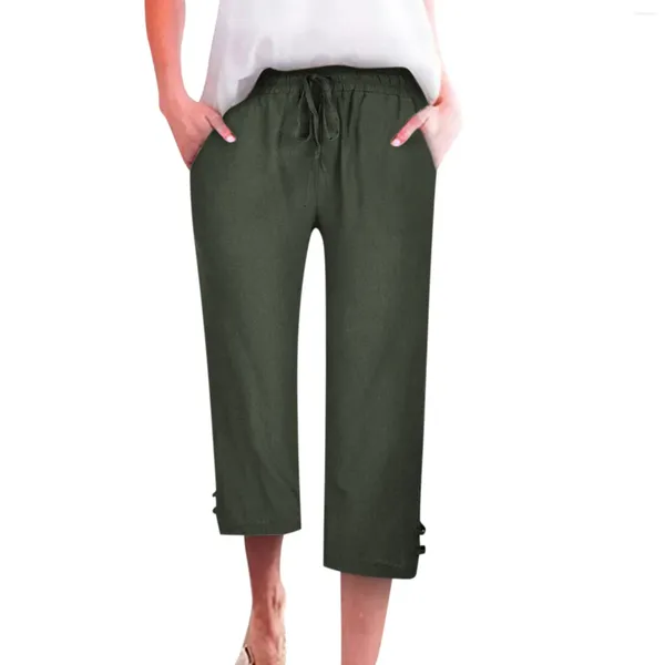 Kadın pantolonları düz renk geniş bacak yaz nefes alabilen yüksek bel pilili kalem gevşek buzağı uzunlukta cep