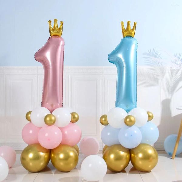 Decorazione per feste Baby Boy Girl Ins Pastel Pink Blue Crown Digital 1 Balloon Shower 1st First One Year Birthday Kids