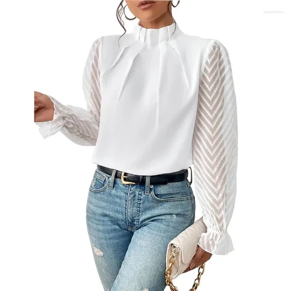 Blusas femininas elegantes e jovens moda mulher blusa 2024 casual branco babados retalhos chiffon manga longa camisa feminina