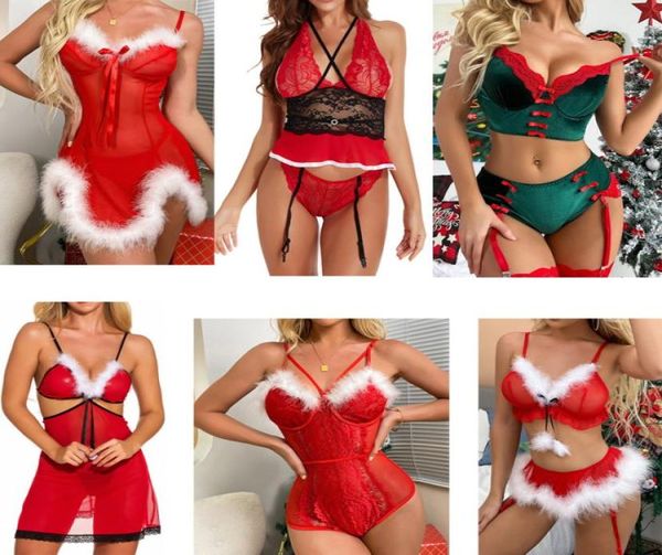 Maske für 2023 NEUE Mädchenkleidung Plüsch Damen039s Sexy Weihnachtsmann-Dessous-Set Babydoll-Spitzenhemden Nachtwäsche7234981