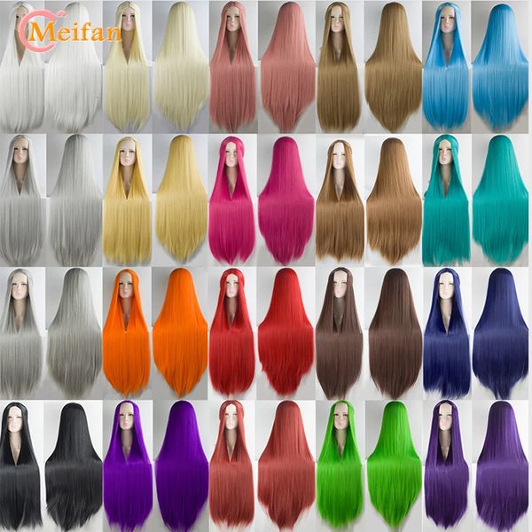 Meifan sintético lolita cosplay peruca loira azul vermelho rosa verde roxo cabelo para cosplay festa 100cm longo perucas retas para mulher 240111